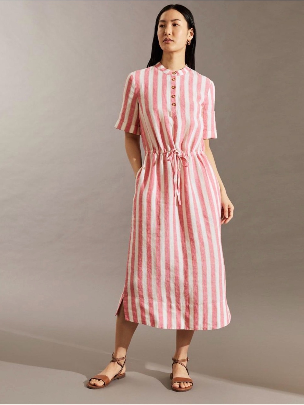 Jaeger Shop Pure Linen Striped Midi Waisted Dress Pink white 18/Large